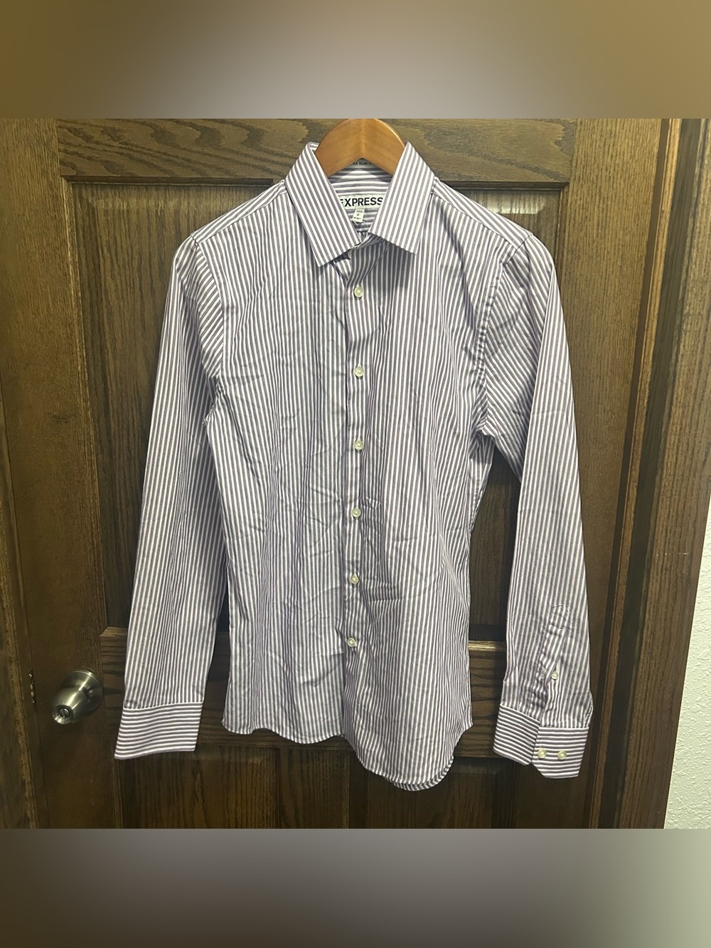 Express Men’s Purple and White Striped Dress Shirt